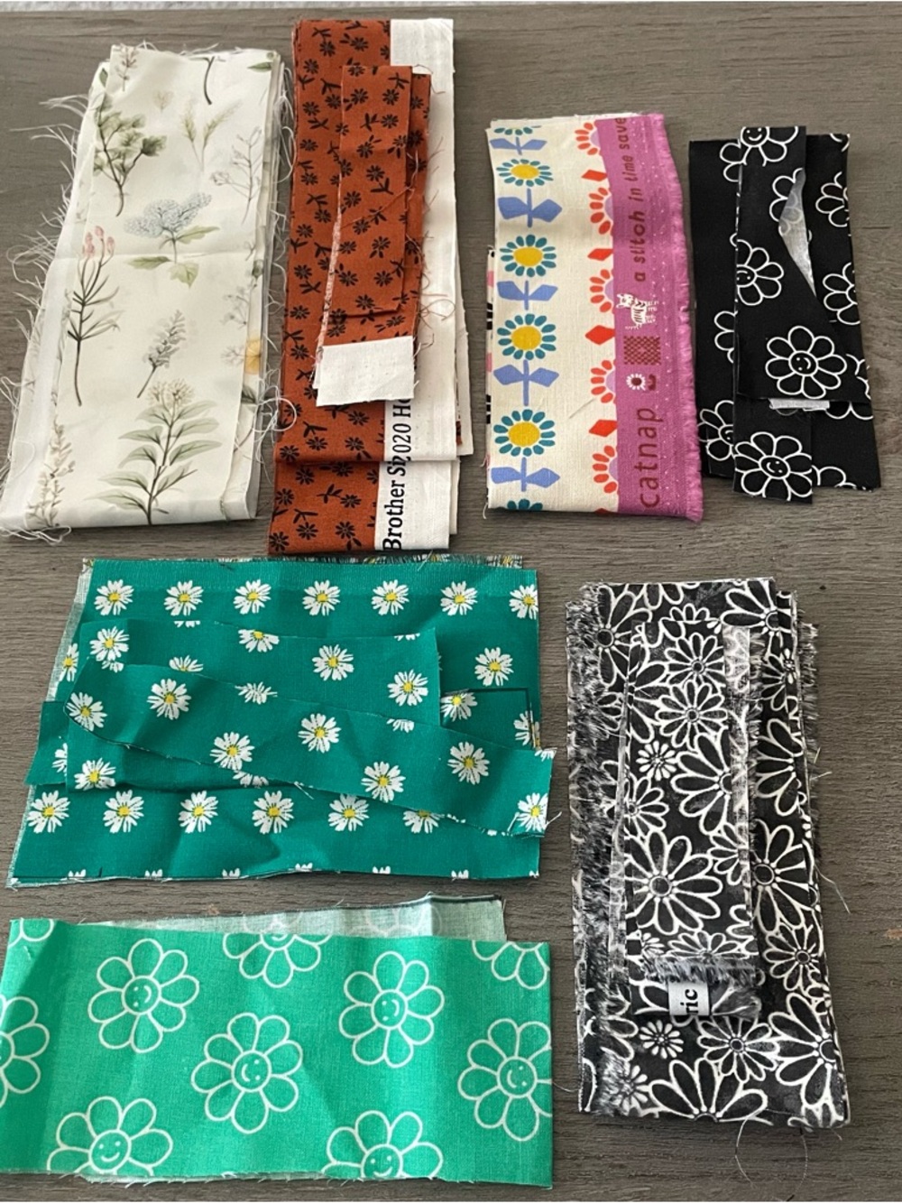 Assorted Floral Fabric Scraps - Green, Teal, Black, White, Rust, Cream, Pink